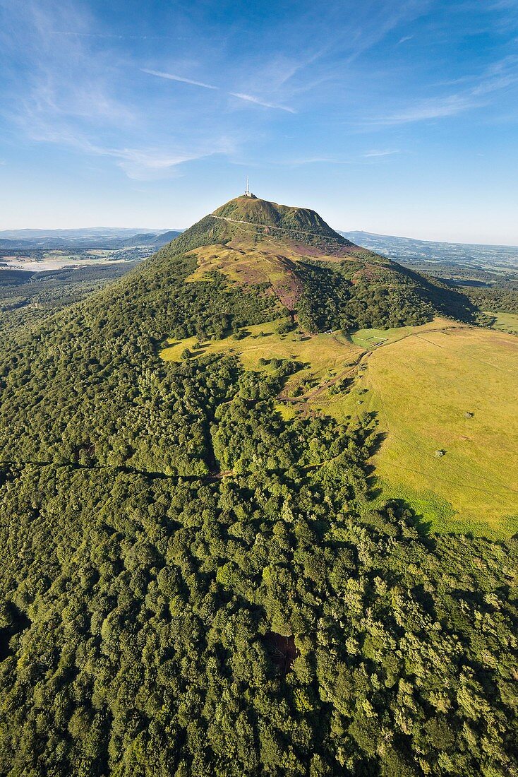 France, Puy de Dome, area listed as World Heritage by UNESCO, Orcines, Chaine des Puys, Regional Natural Park of the Auvergne Volcanoes, the Puy de Dome (aerial view)