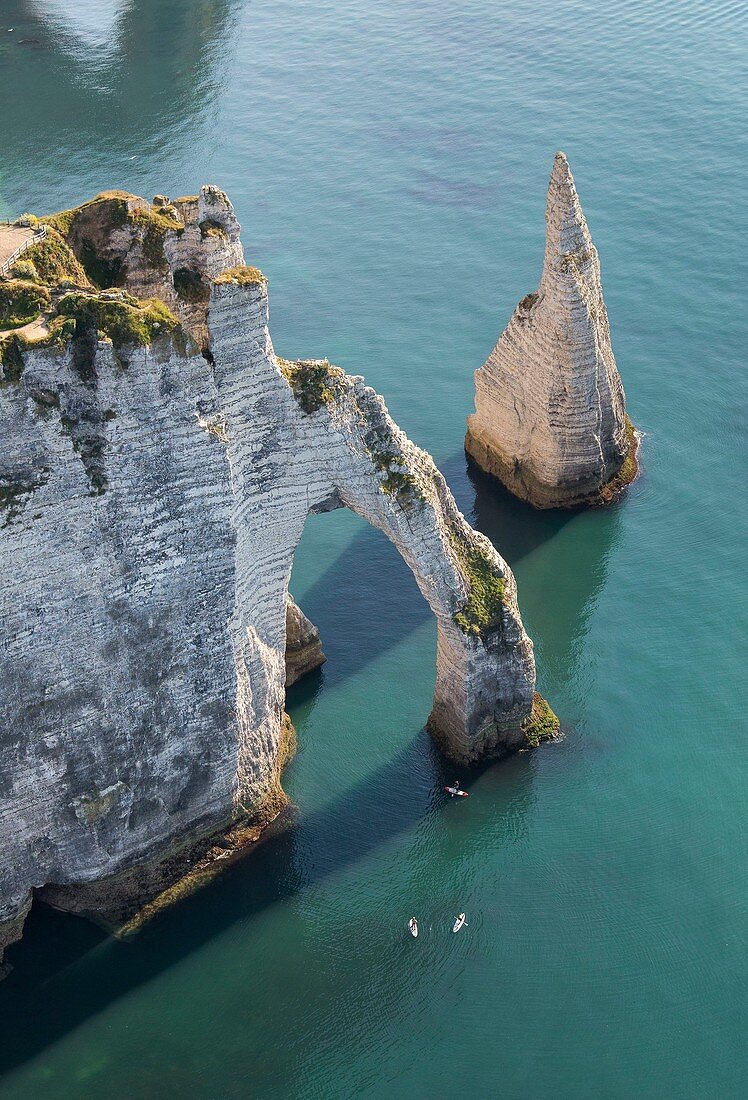 France, Seine Maritime, Etretat, Cote d'Abatre, arch and needle (aerial view)