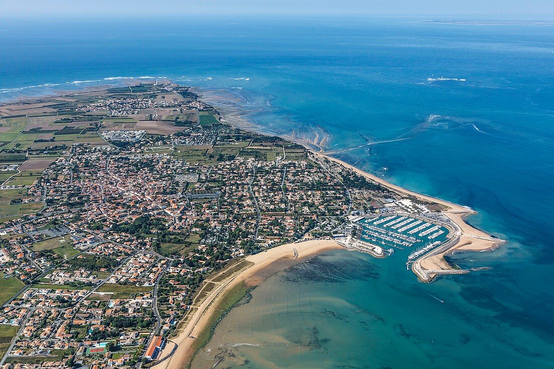France, Charente Maritime, Oleron island, Saint Denis d'Oleron, the town and the marina (aerial view)