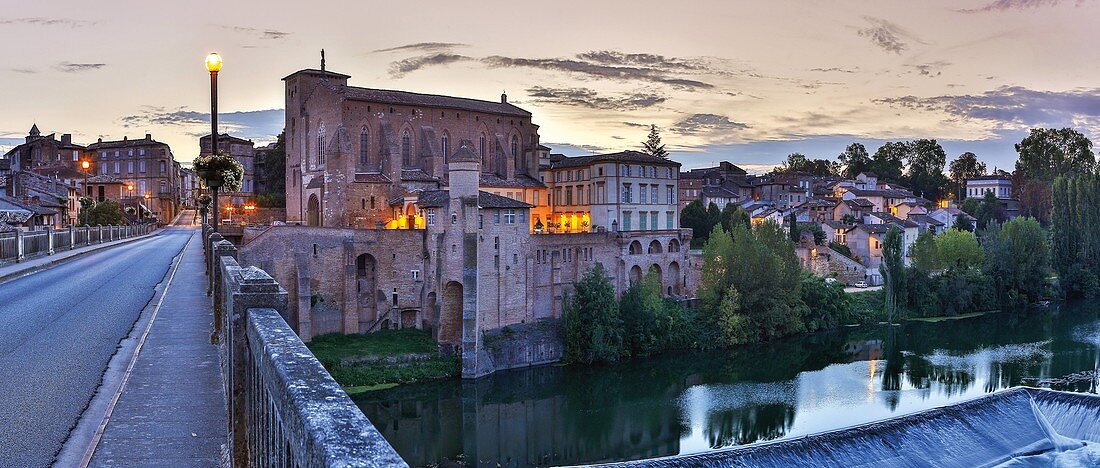 France, Tarn, Gaillac, Saint Michel abbey, panoramic view of the Abbey of Saint Michael and the old bridge on the banks of the Tarn