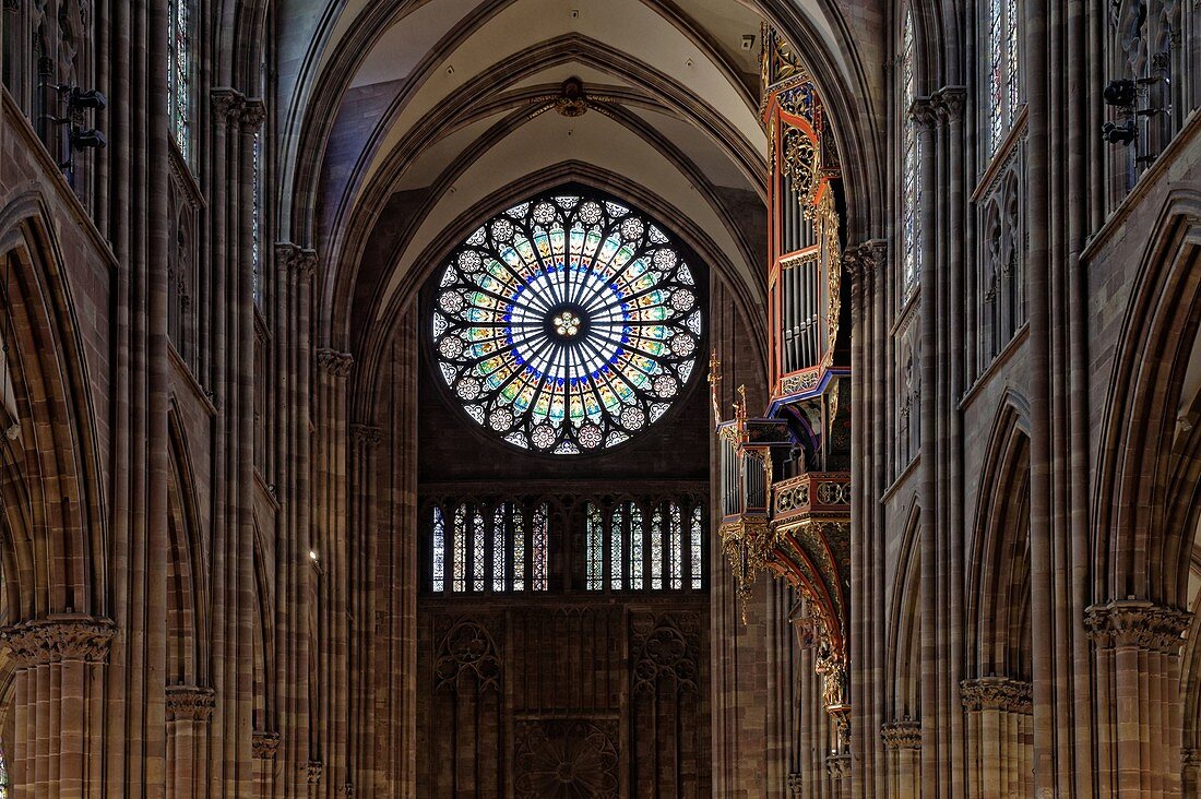 France, Bas Rhin, Strasbourg, old town listed as World Heritage by UNESCO, Notre Dame Cathedral, rose 15 m in diameter, organ