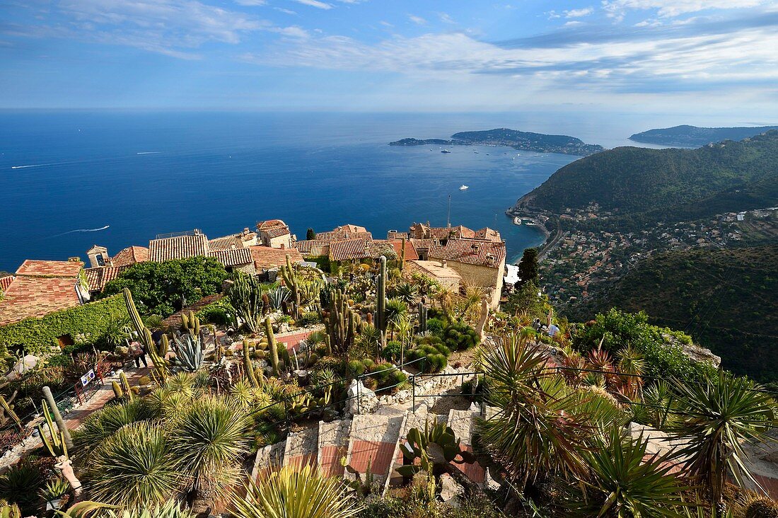 France, Alpes Maritimes, the hilltop village of Eze and its Exotic Garden, Saint Jean Cap Ferrat in the background