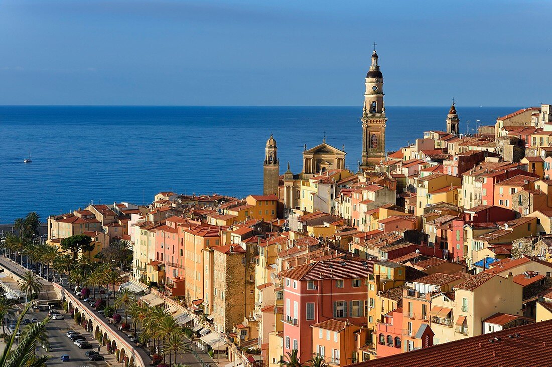 France, Alpes Maritimes, Menton, old town dominated by the St Michel Basilica