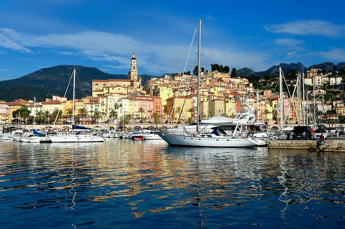 France, Alpes Maritimes, Menton, the port and the old town dominated by the St Michel Basilica