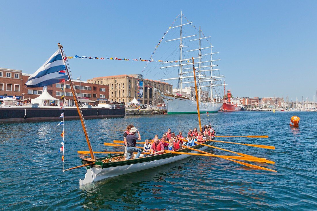 France, Nord, Dunkerque, festival of the sea, rowboat and Anne Duchess ship in the trade area