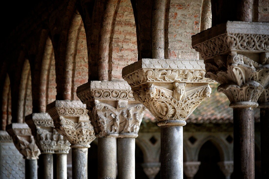 France, Tarn et Garonne, Moissac, a stop on el Camino de Santiago, Saint Pierre benedictine abbey of the 11th 17th century listed as World Heritage by UNESCO, pillars of the cloister
