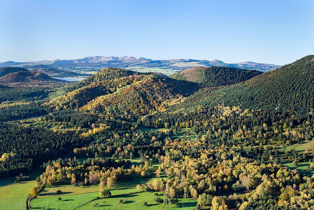 France, Puy de Dome, area listed as World Heritage by UNESCO, Beaune, Chaine des Puys, Parc Naturel Regional des Volcans d'Auvergne (Natural regional park of Volcans d'Auvergne) (aerial view)