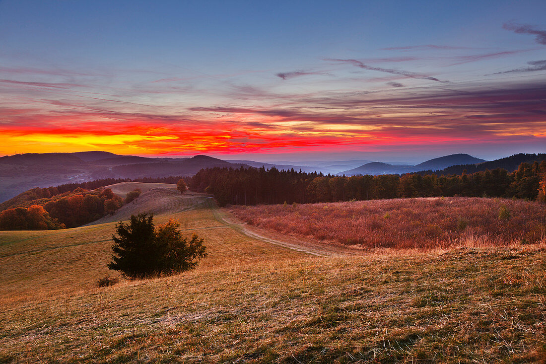 Sunset glow over the Rhön landscape near Bischofsheim, Rhön, Bavaria, Germany