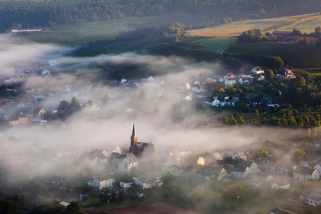 Serrig in the fog, Saar, Rhineland-Palatinate, Germany