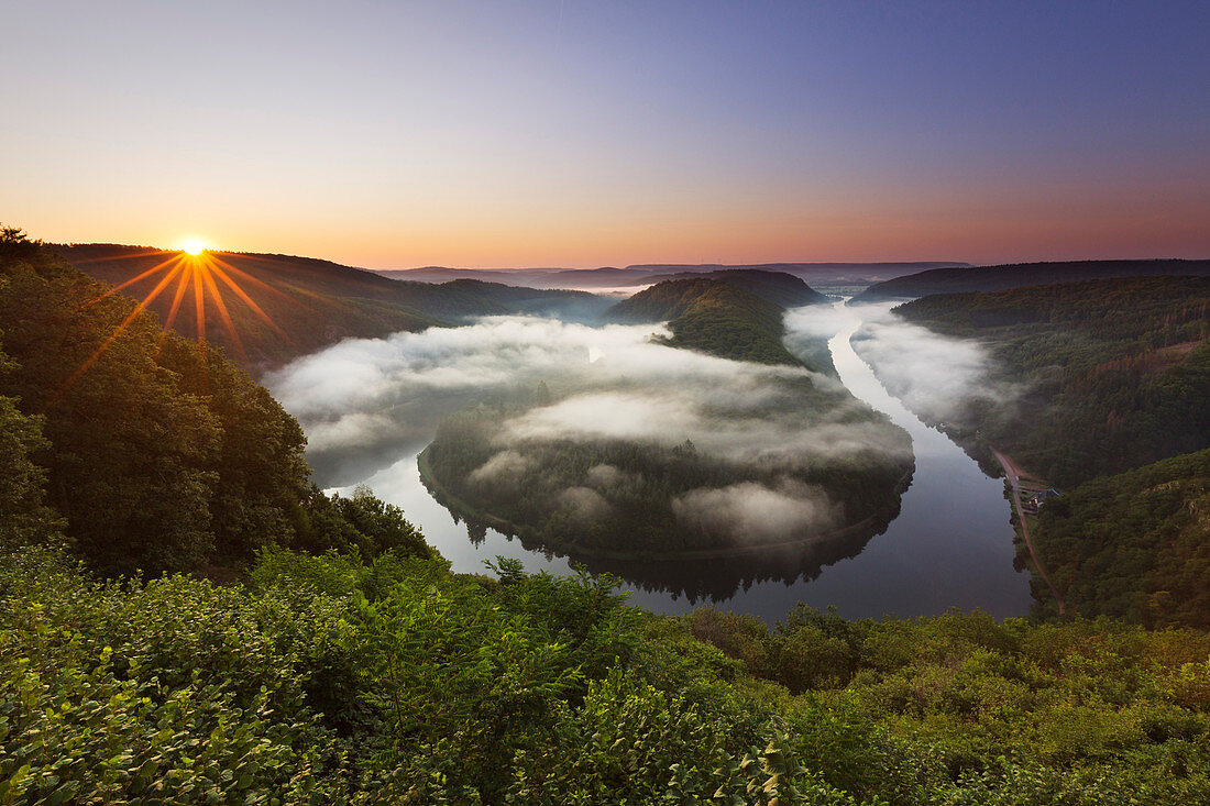 Fog over the Saar loop at Mettlach, Saar, Saarland, Germany