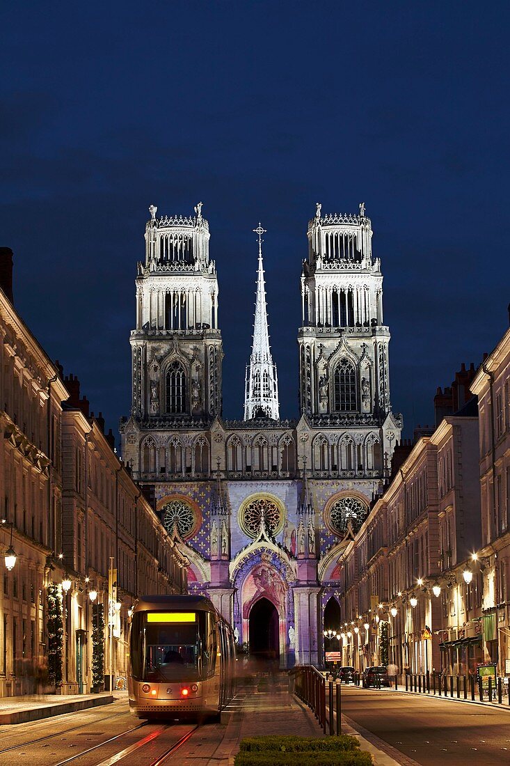 France, Loiret, Orleans, Orléans Cathedral, western facade from Jeanne d'Arc street, Light scenography by Virginie Voue