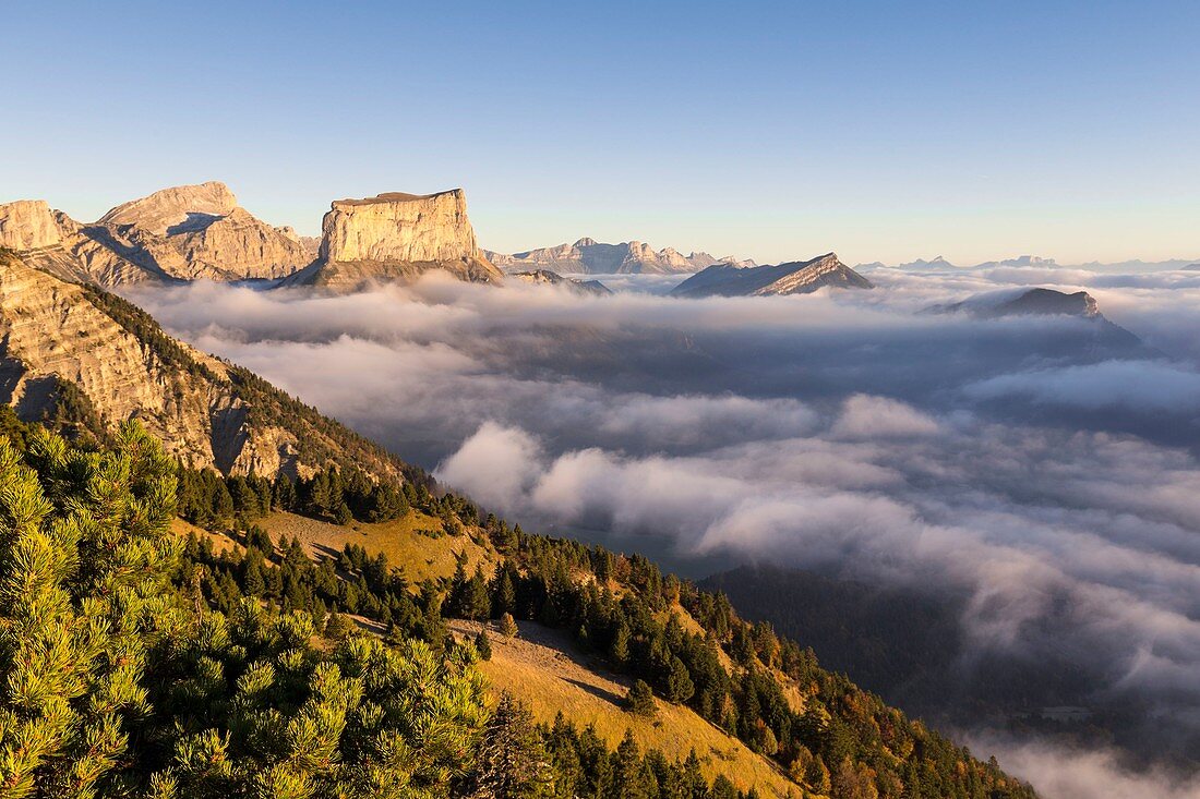 Frankreich, Isere, Parc Naturel Regional du Vercors (Regionaler Naturpark Vercors), Trieves, Chichilianne-Tal, Naturschutzgebiet der Hochebenen des Vercors, links der Grand Veymont (2341 m) und der Mont Aiguille (2086 m), Blick auf den Gipfel des Essaure-Passes