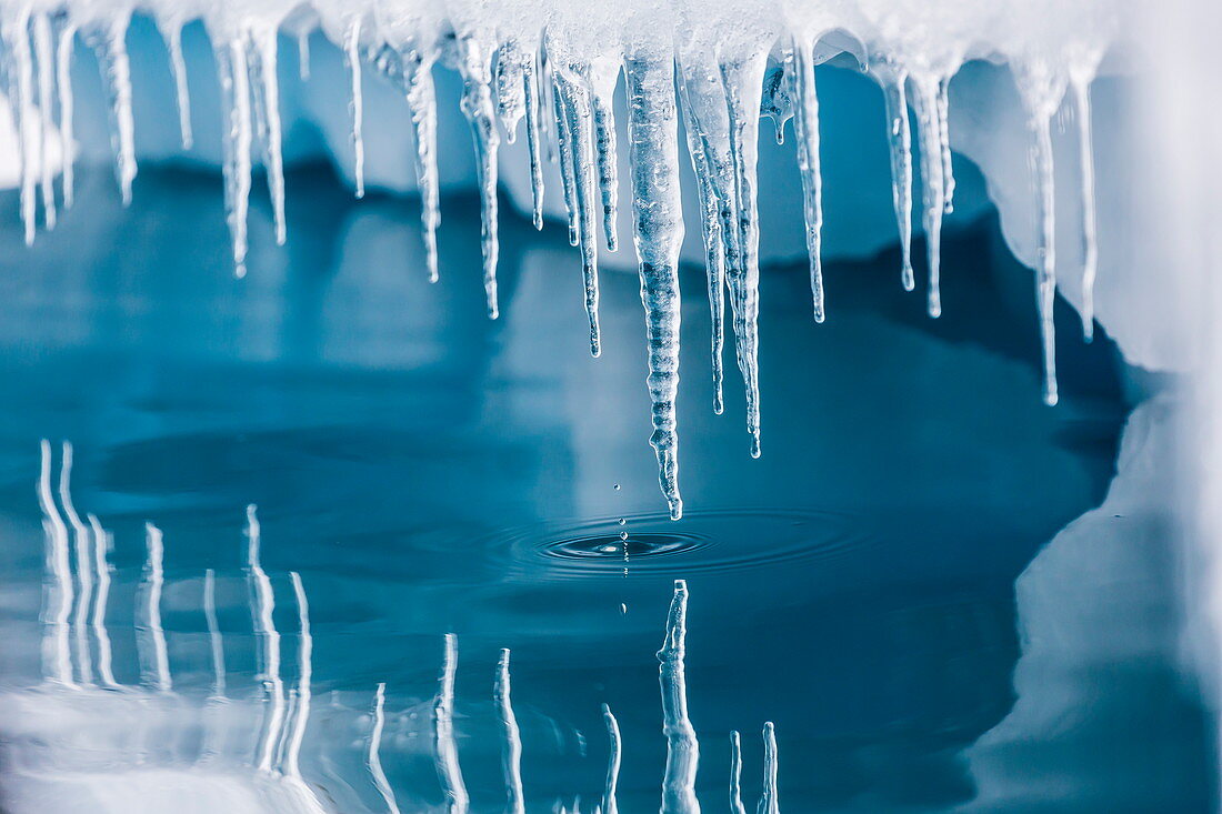 Eiszapfen spiegeln sich in ruhigem Wasser mit Eisschollen,Neumayer-Kanal in der Nähe der Insel Wiencke, der Antarktis und der Polarregionen