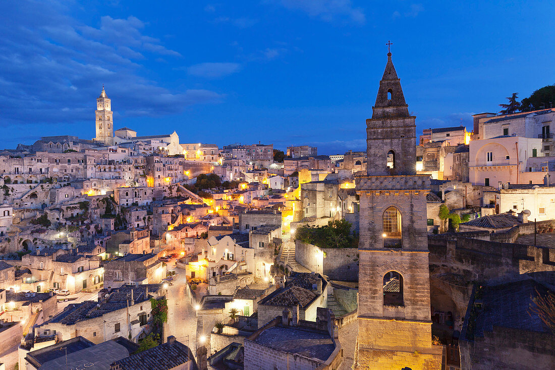 View from bell tower of Chiesa di San Pietro Barisano to Sasso Barisano and cathedral, UNESCO World Heritage Site, Matera, Basilicata, Puglia, Italy, Europe