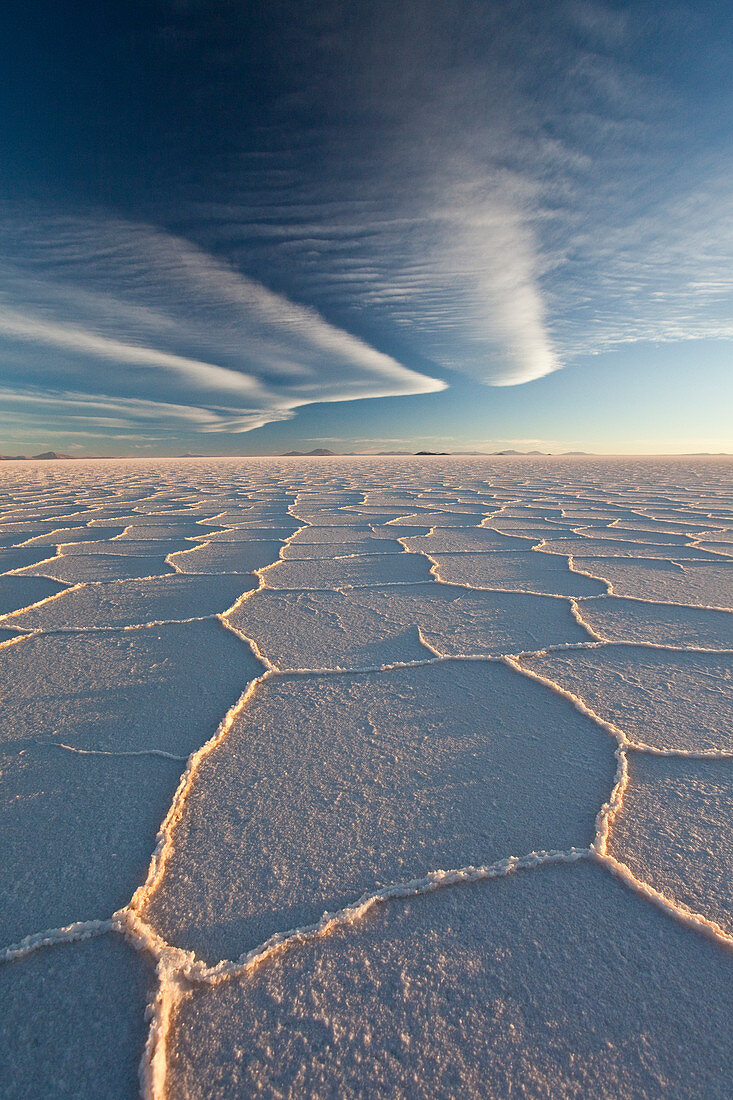 Weiße, durchscheinende Salzkristalle in der größten Salzwüste der Welt, Salar de Uyuni, Bolivien, Südamerika