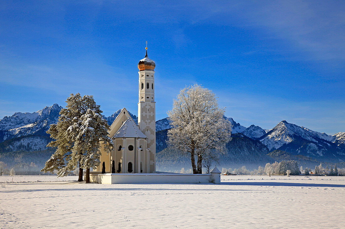 Kirche St. Coloman und Tannheimer Alpen bei Schwangau, Allgau, Bayern, Deutschland, Europa