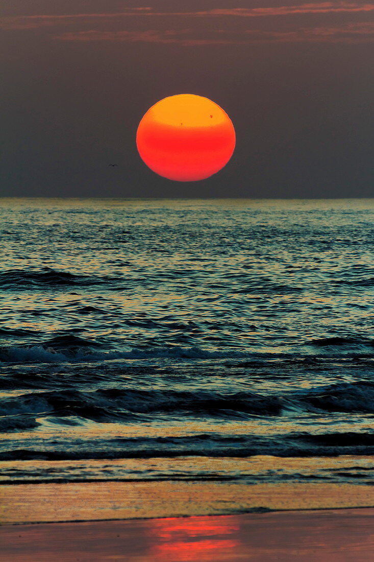 Der Sonnenuntergang am Surfstrand von Playa Guiones, Nosara, Nicoya-Halbinsel, Provinz Guanacaste, Costa Rica, Mittelamerikaaa