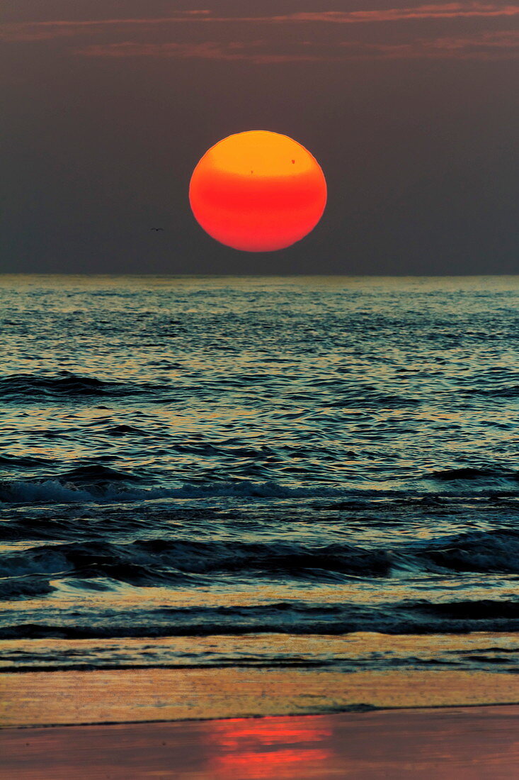 The sun setting off Playa Guiones surf beach, Nosara, Nicoya Peninsula, Guanacaste Province, Costa Rica, Central America