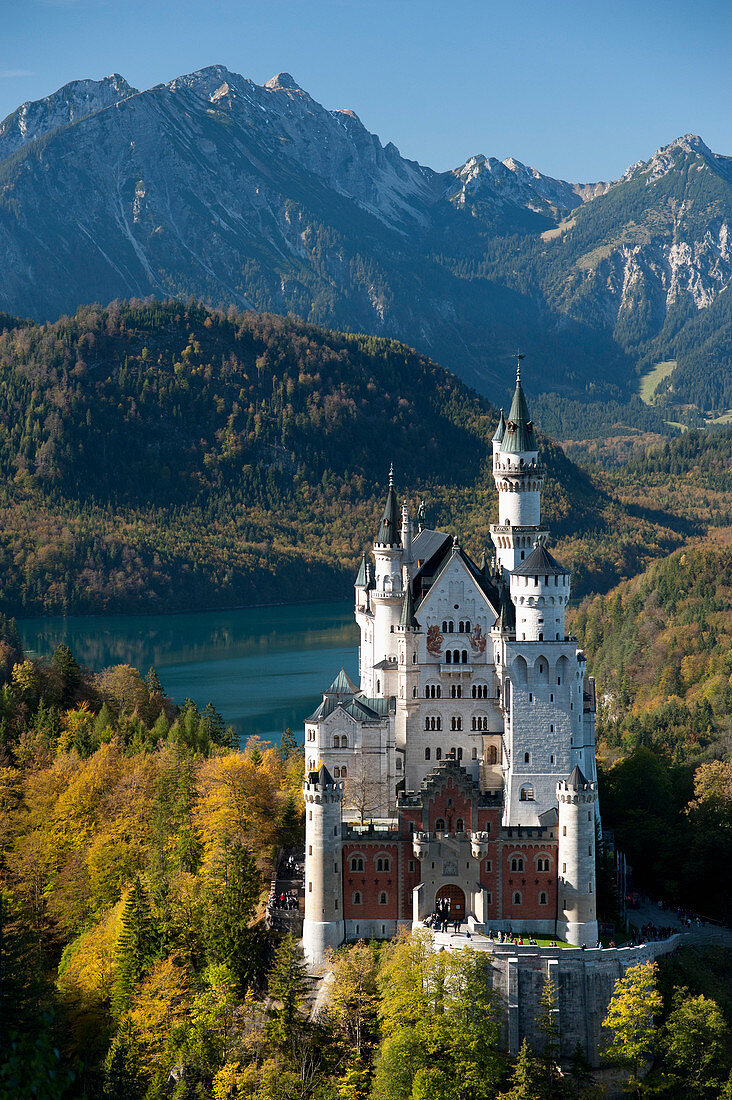Romantisches Schloss Neuschwanstein und die Alpen im Herbst, südlicher Teil der Romantischen Straße, Bayern, Deutschland, Europa
