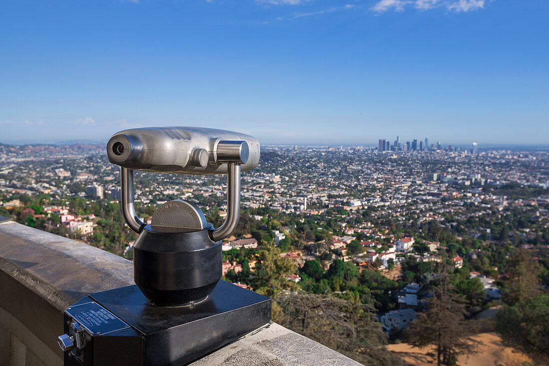 Binoculars at the Griffith Observatory in Los Angeles in the sun, USA