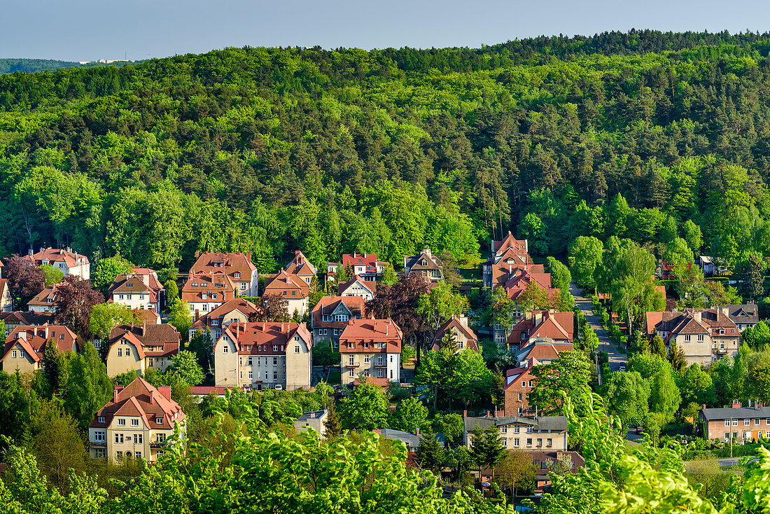 Blick von der Spitze des Pacholek-Hügels auf die alten Häuser von Danzig Oliwa, Polen, Europa