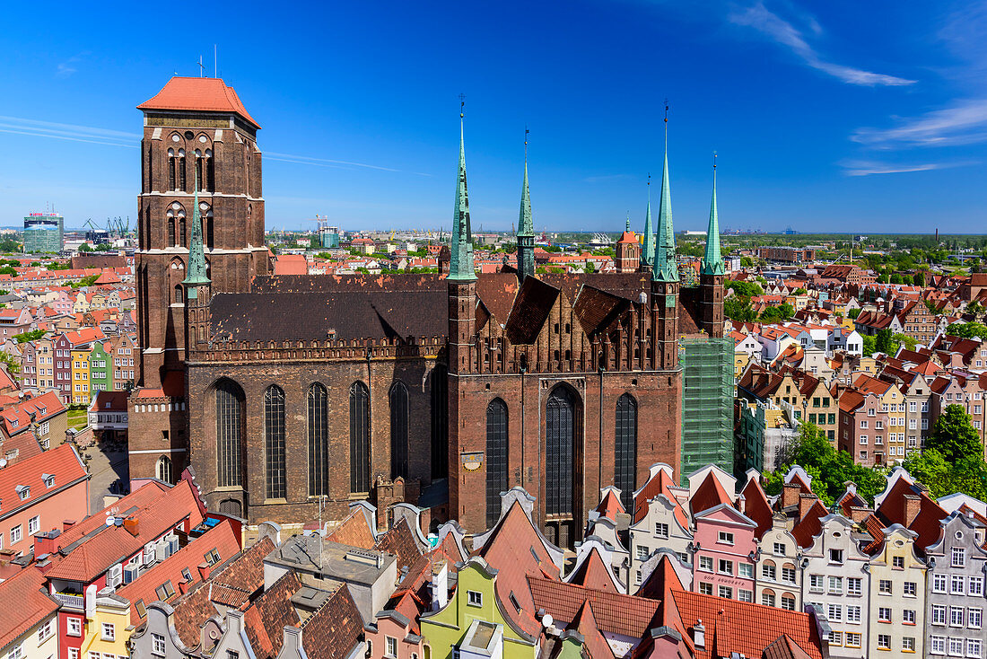 Basilica of St. Mary of the Assumption of the Blessed Virgin Mary in Gdansk, commonly known as Mariacki church. View from the tower of City Hall towards north. Gdansk, Main City, Pomorze region, Pomorskie voivodeship, Poland, Europe
