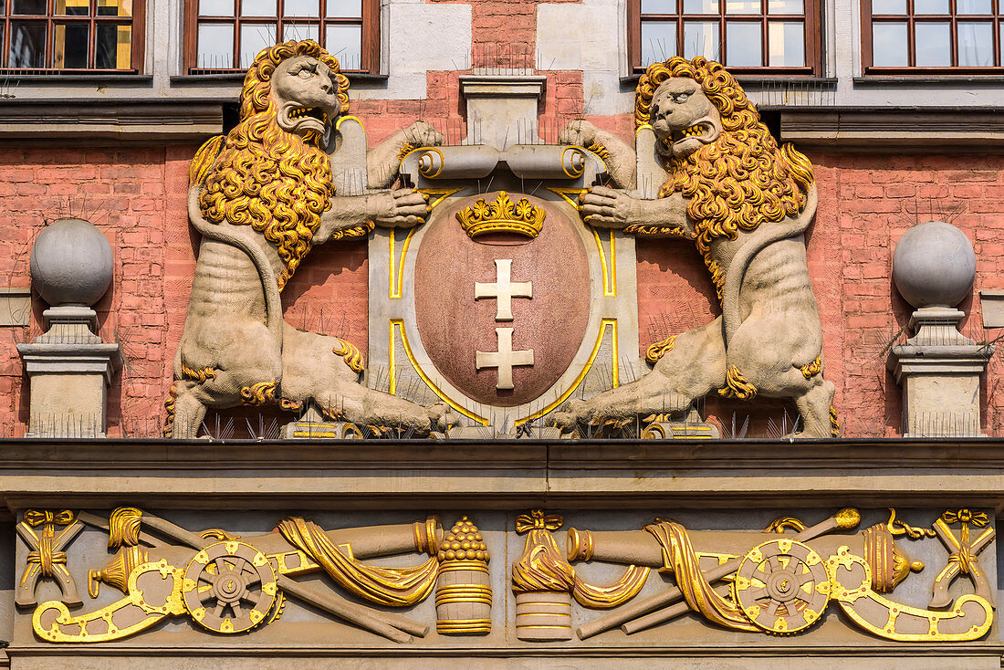 Crest of Gdansk city, at the front of The Great Armoury, nowadays Academy of Fine Arts, west end of Piwna street. Gdansk, Main City, Pomorze region, Pomorskie voivodeship, Poland, Europe