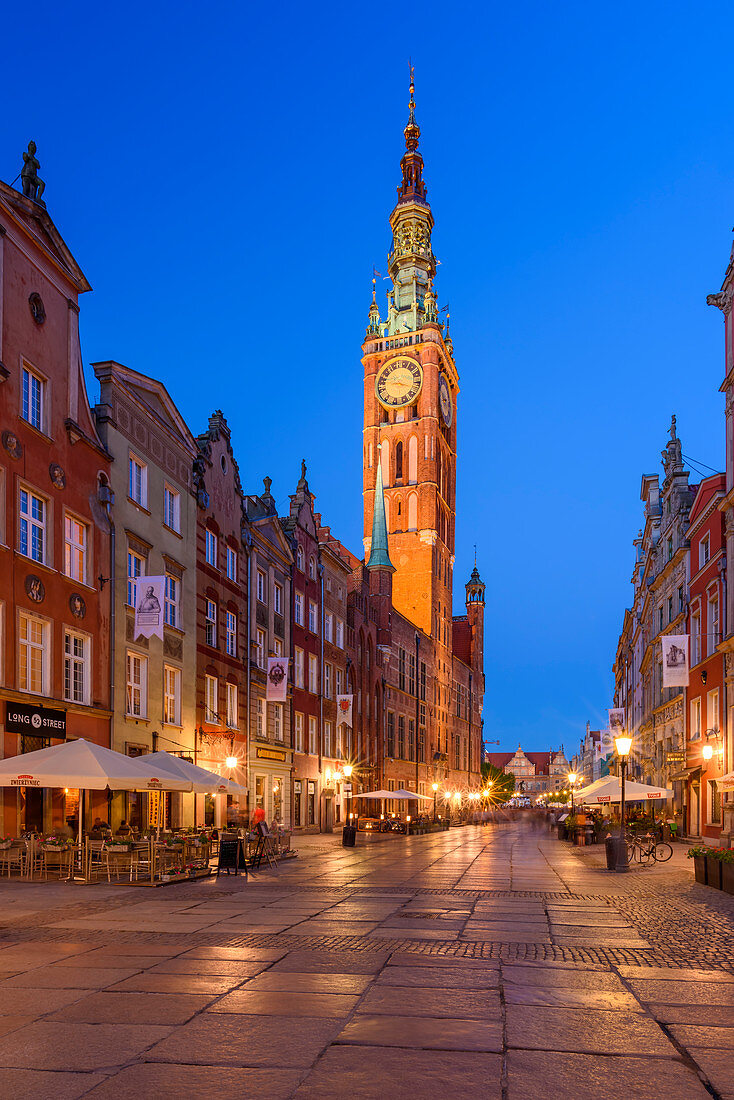 Gdansk, Main City, old town, Dluga (Long) street, tower of City Hall, view from west towards east. Gdansk, Main City, Pomorze region, Pomorskie voivodeship, Poland, Europe