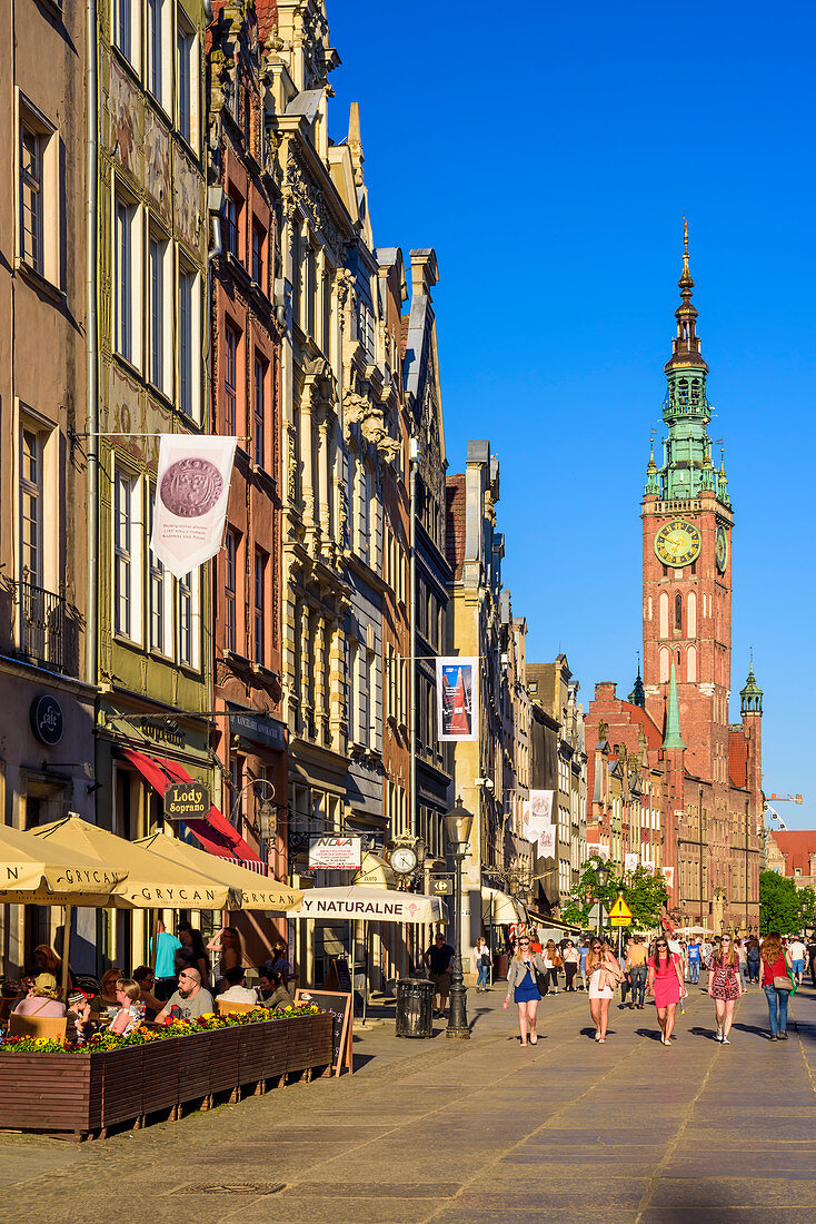 Gdansk, Main City, old town, Dluga (Long) street, tower of City Hall, view from west towards east. Gdansk, Main City, Pomorze region, Pomorskie voivodeship, Poland, Europe
