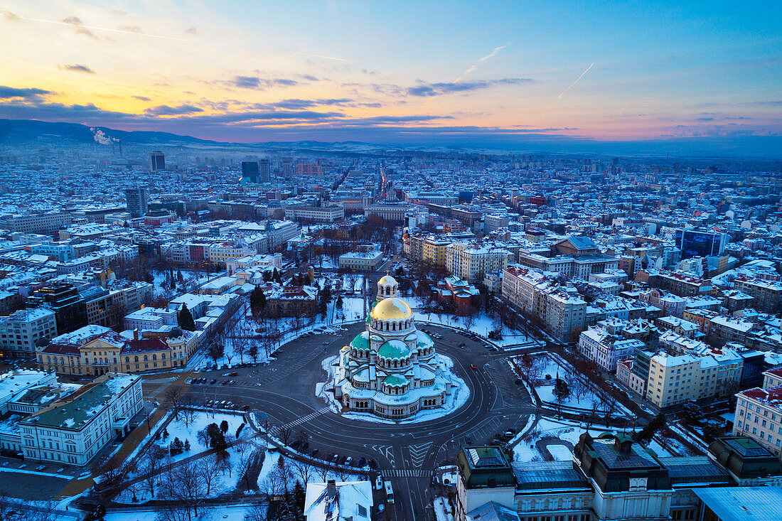 Aerial view of Alexander Nevsky Orthodox Cathedral in winter, Sofia, Bulgaria, Europe