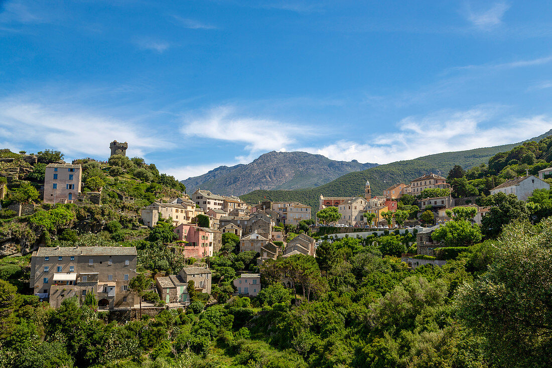 Das historische Bergdorf Nonza am Cap Corse, dem nördlichsten Punkt Korsikas, Frankreichs, Mittelmeers, Europas
