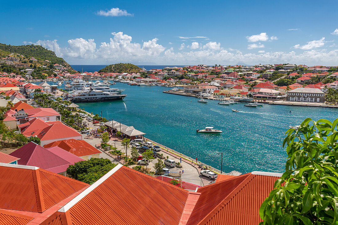 Elevated view of the harbour, Gustavia, St. Barthelemy (St. Barts) (St. Barth), West Indies, Caribbean, Central America