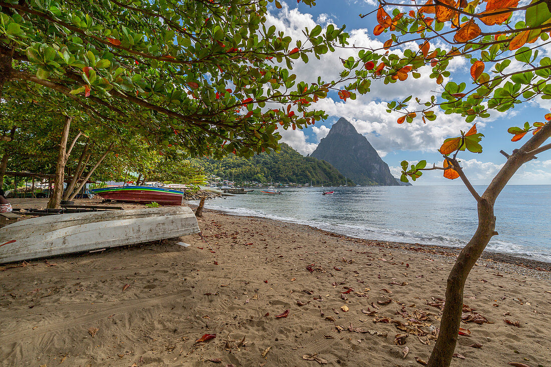 View of the Pitons from Soufriere Beach, UNESCO World Heritage Site, beyond, St. Lucia, Windward Islands, West Indies Caribbean, Central America