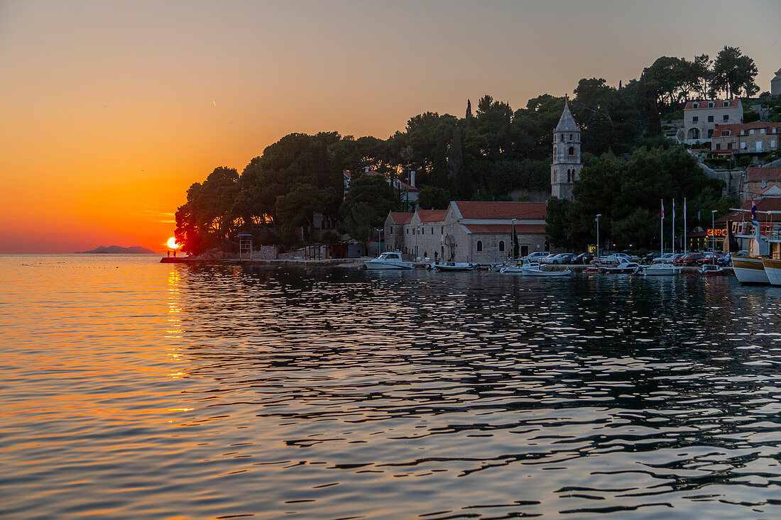 View of sunset in Cavtat on the Adriatic Sea, Cavtat, Dubrovnik Riviera, Croatia, Europe