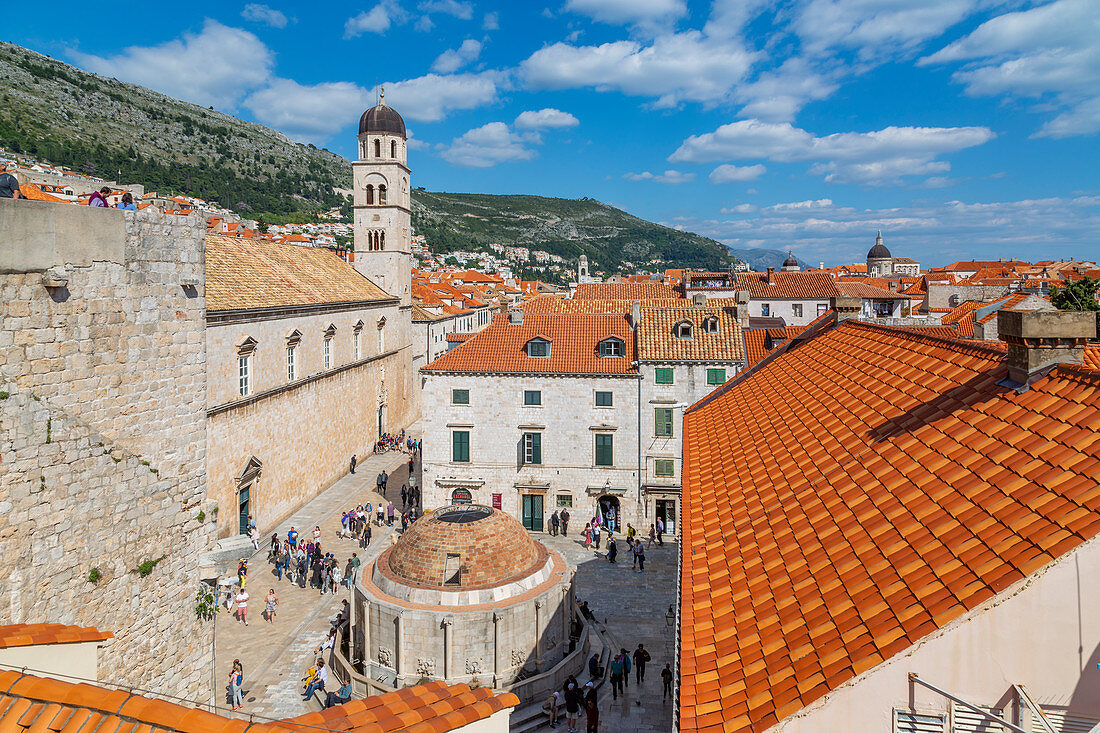 View of red rooftops and Franciscan Church and Monastery, Dubrovnik Old Town, UNESCO World Heritage Site, and Adriatic Sea, Dubrovnik, Dalmatia, Croatia, Europe