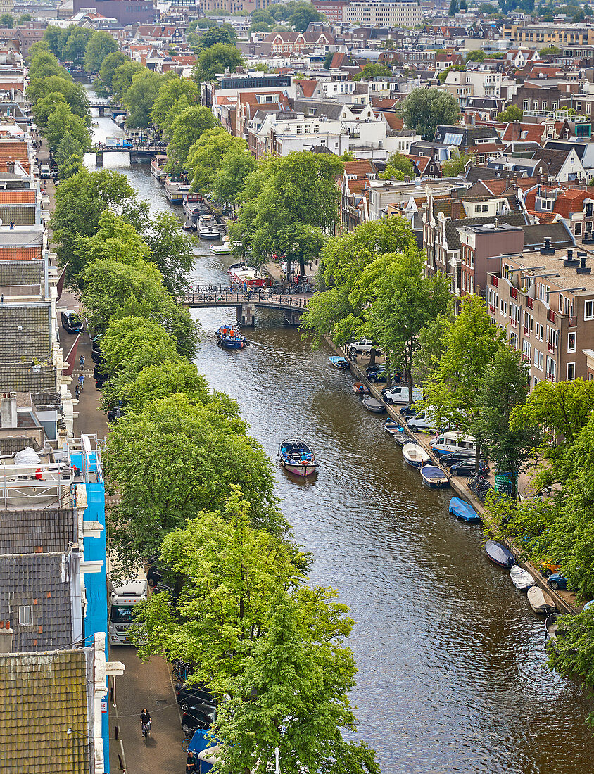 An aerial view of Prinsengracht Canal, Amsterdam, North Holland, The Netherlands, Europe