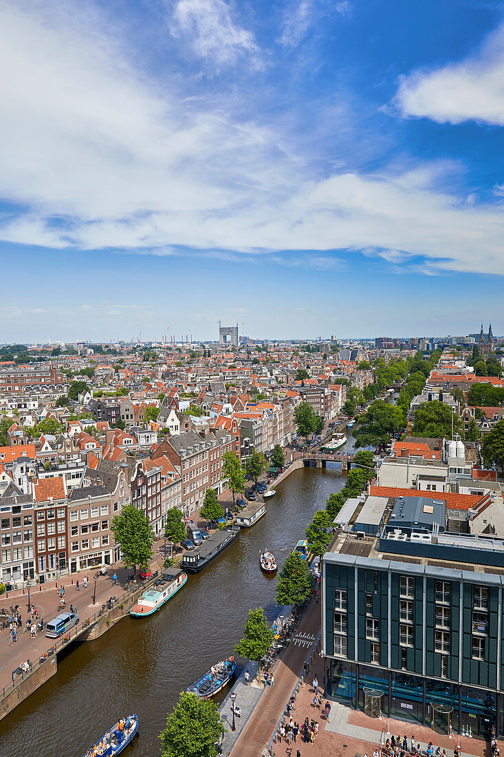 View of the Jordaan and Prinsengracht from the top of Westerkerk church, Amsterdam, North Holland, The Netherlands, Europe