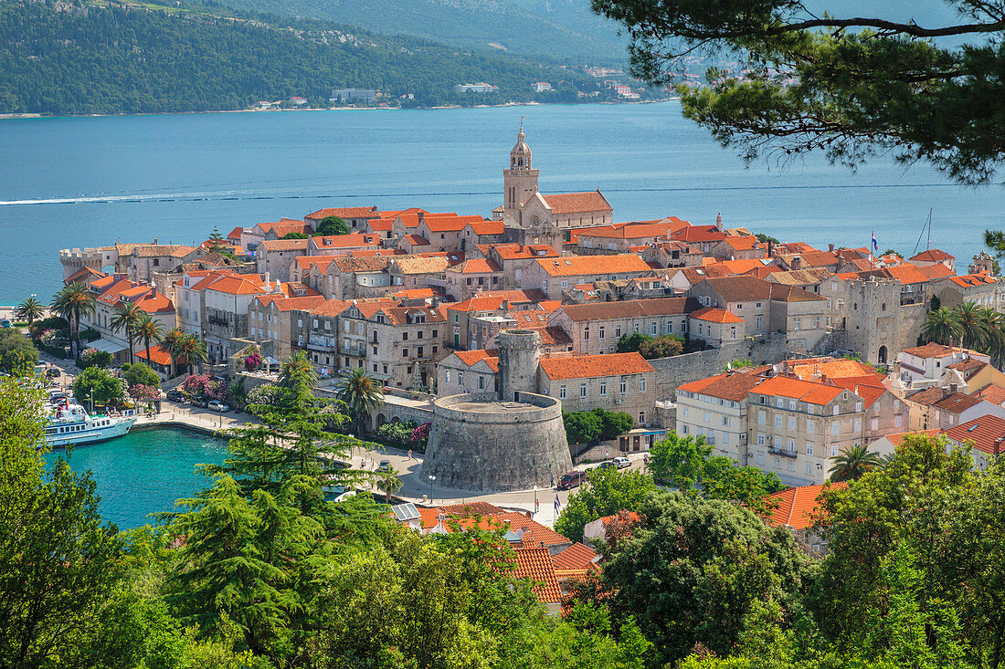 View over the Old Town of Korcula, Island of Korcula, Dalmatia, Croatia, Europe