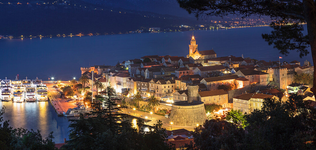 View over the Old Town of Korcula at night, Island of Korcula, Dalmatia, Croatia, Europe