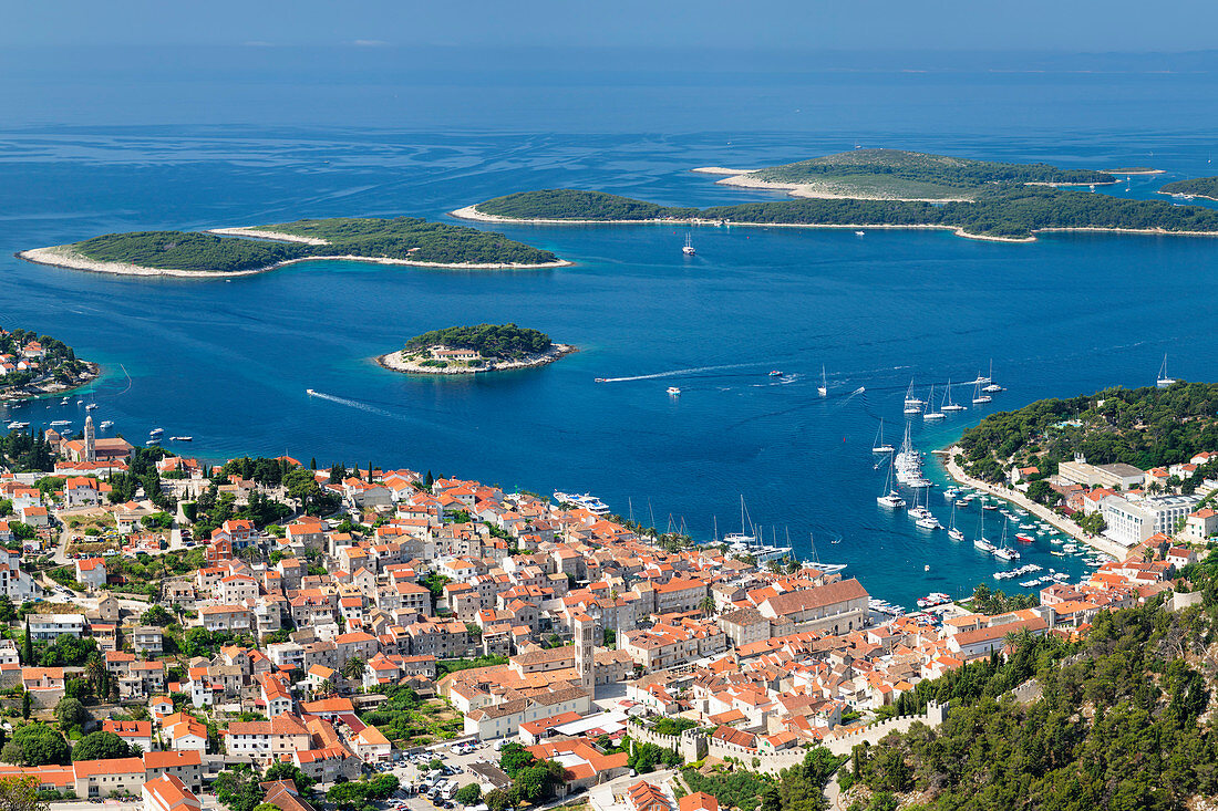 Elevated view of the old town and Pakleni Islands, Hvar Island, Dalmatia, Croatia, Europe