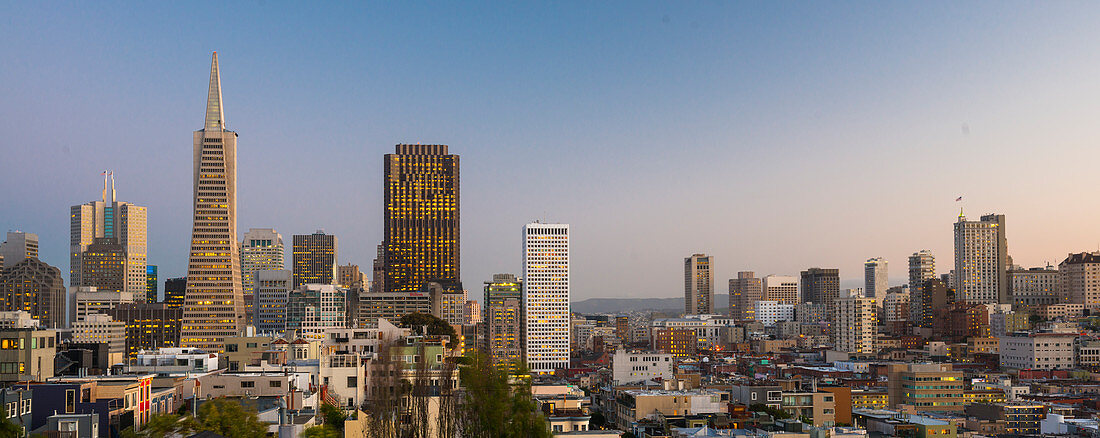 View of the city and Transamerica Pyramid from Coit Tower, San Francisco, California, United States of America, North America