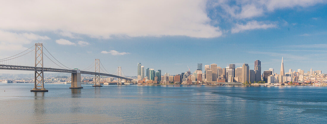 View of the skyline and Transamerica Pyramid from Treasure Island over San Francisco Bay, San Francisco, California, United States of America, North America