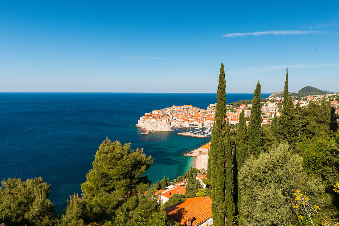 Aerial view of Dubrovnik old town, UNESCO World Heritage Site, Dubrovnik, Croatia, Europe