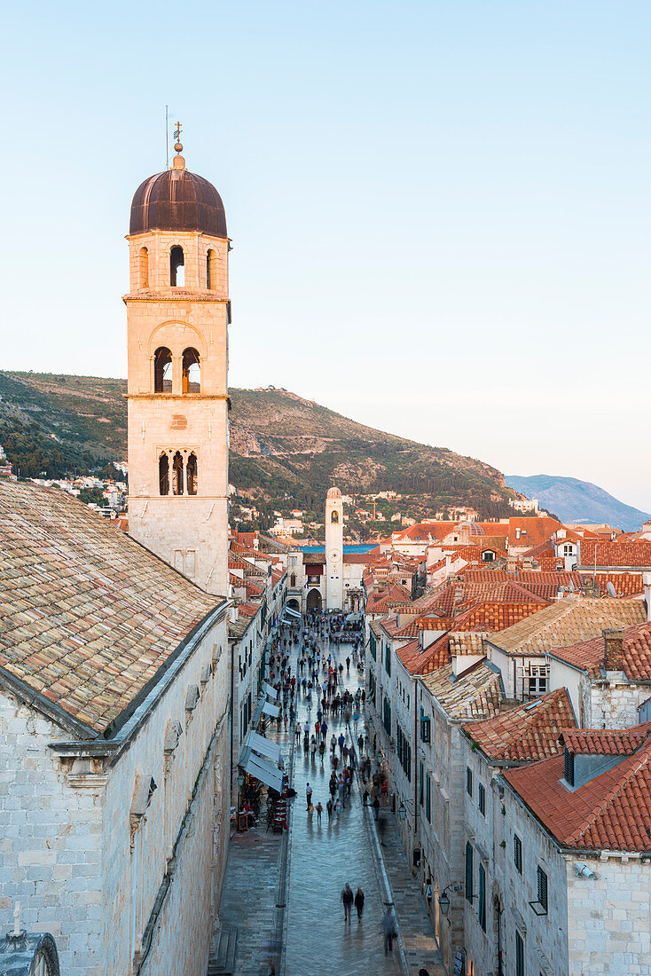 View down Stradun from the city walls, UNESCO World Heritage Site, Dubrovnik, Croatia, Europe