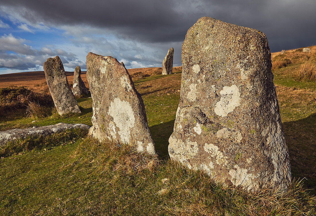 Steinkreis am prähistorischen Scorhill Stone Circle, auf Gidleigh Common, Dartmoor National Park, Devon, England, Vereinigtes Königreich, Europa