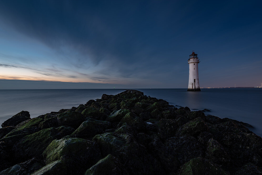 New Brighton Lighthouse at dusk, Wallasey, Merseyside, The Wirral, England, United Kingdom, Europe