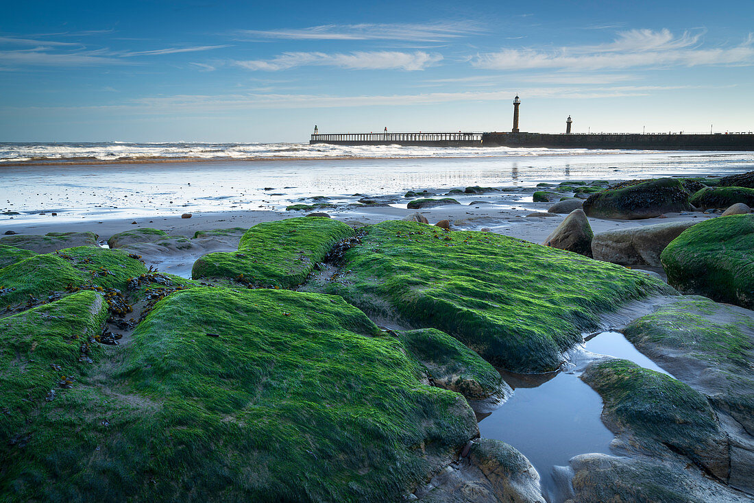 Whitby piers at low tide in winter, Whitby, North Yorkshire, Yorkshire, England, United Kingdom, Europe