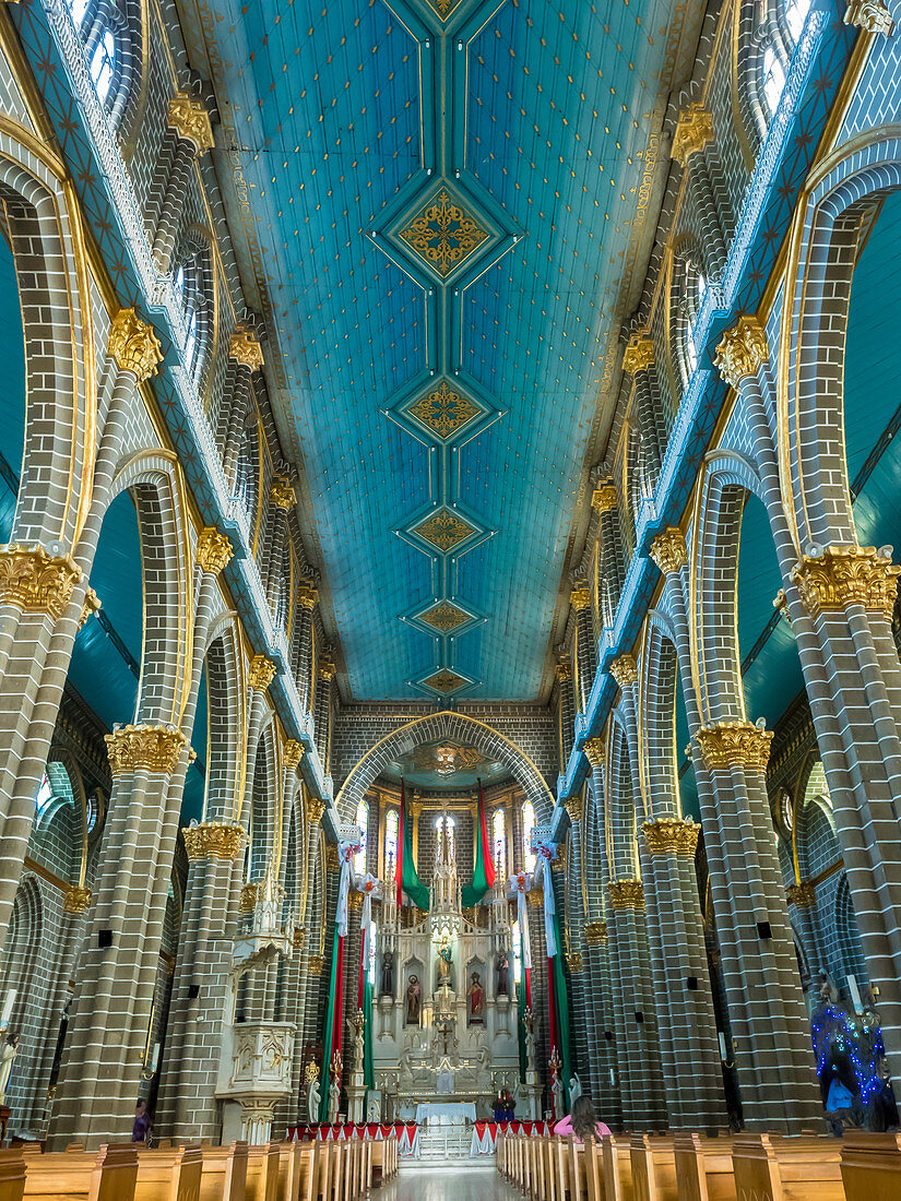 Blue and gold interior of the Basilica Menor de la Immaculada Concepcion, Jardin, Antioquia, Colombia, South America