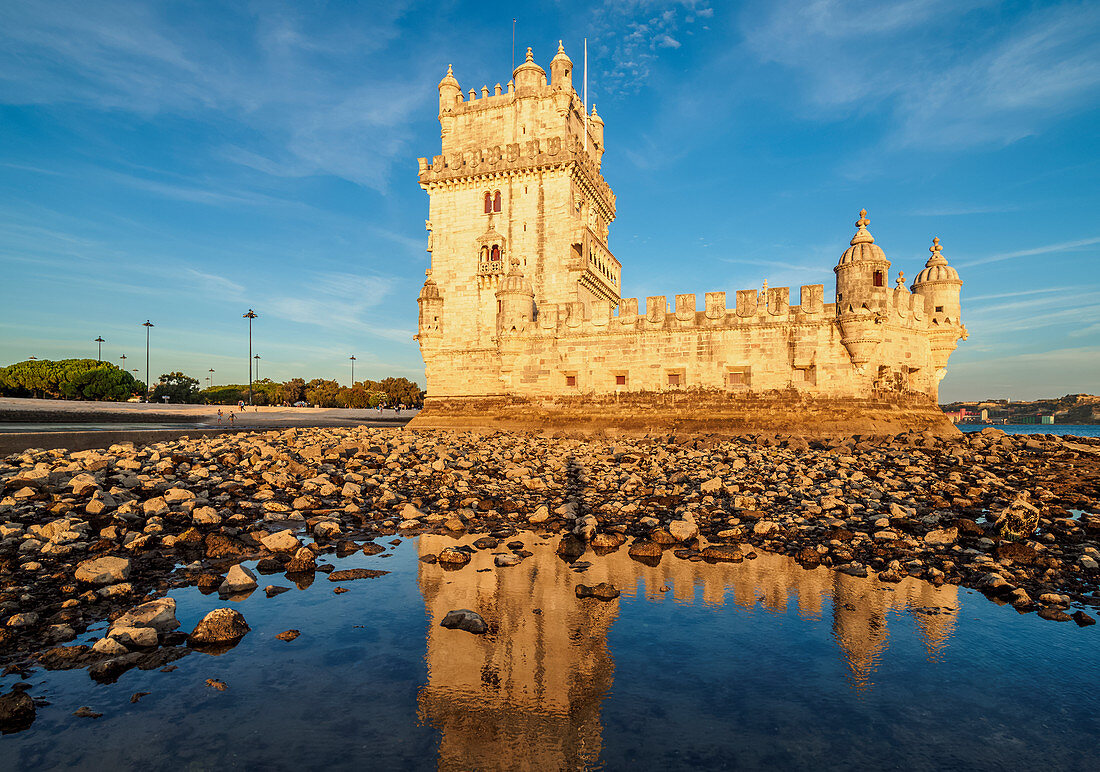 Belem Tower at sunset, UNESCO World Heritage Site, Lisbon, Portugal, Europe