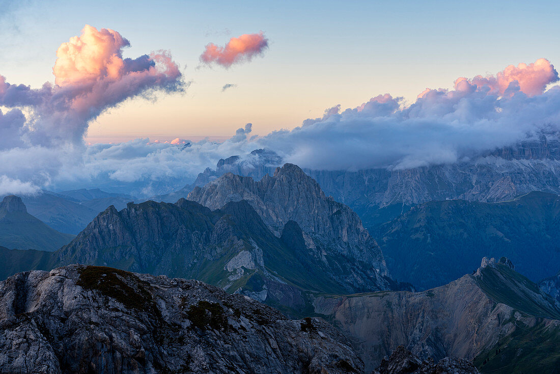 Alta Via Bepi Zac, sunset on Pale of San Martino, Dolomites, Veneto, Italy, Europe